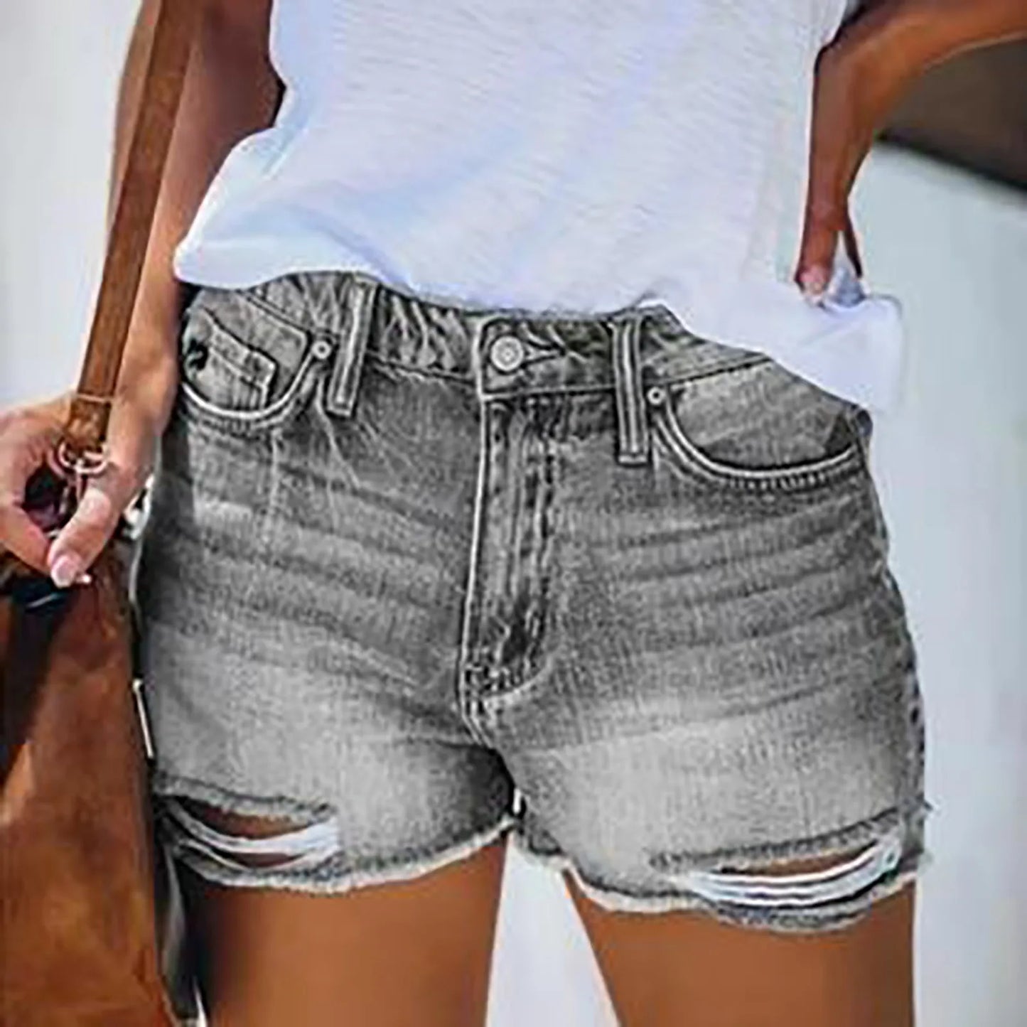 Summer Skinny High Waist Wide Leg Fashion Gothic Ripped Holes Distressed Women Short