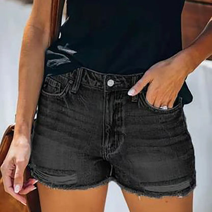 Summer Skinny High Waist Wide Leg Fashion Gothic Ripped Holes Distressed Women Short