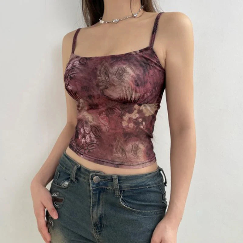 Summer Vintage Mesh Sheer Spaghetti Straps Crop Top Streetwear Crop Top