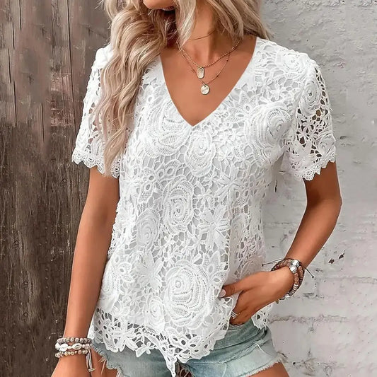 Women T-shirt V-neck Short Sleeve Hollow Embroidery Lace Pullover Blouse