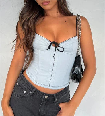 Summer V Neck Camisole Spaghetti Strap Front Tie Up Fashion Slim Fit Zipper Crop Tank Women Top