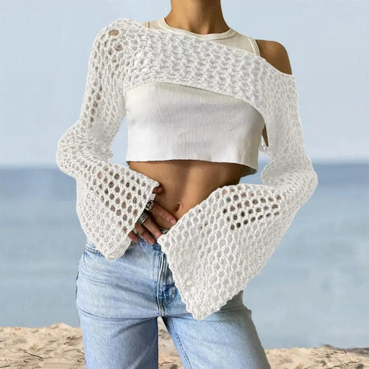 Women Sweater Cover Up Top Stylish Crochet Knit Hollow Out Blouse