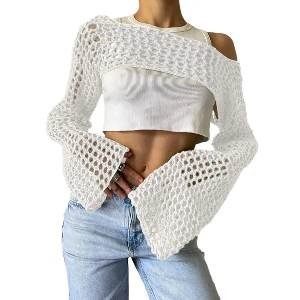 Women Sweater Cover Up Top Stylish Crochet Knit Hollow Out Blouse