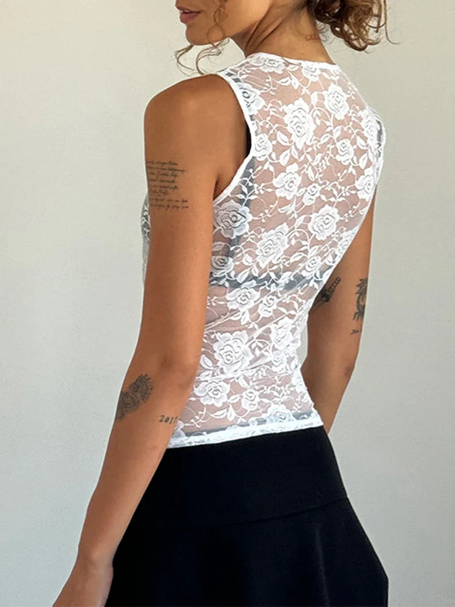 Mesh See-Through Casual Sleeveless Summer Crop Lace Top