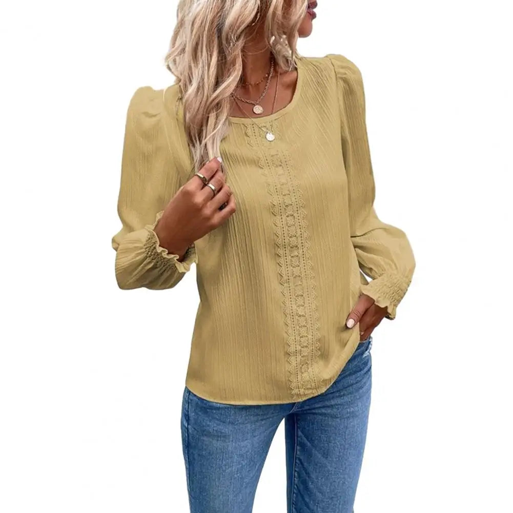 Women Shirring Cuff Round Neck Lace Patchwork Long Sleeve Blouse