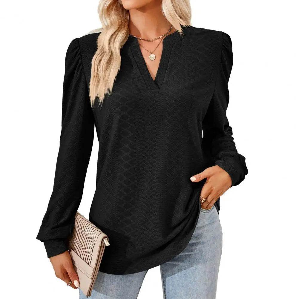 Women Top V Neck Sleeve Loose Applique Pullover Soft Casual Blouse