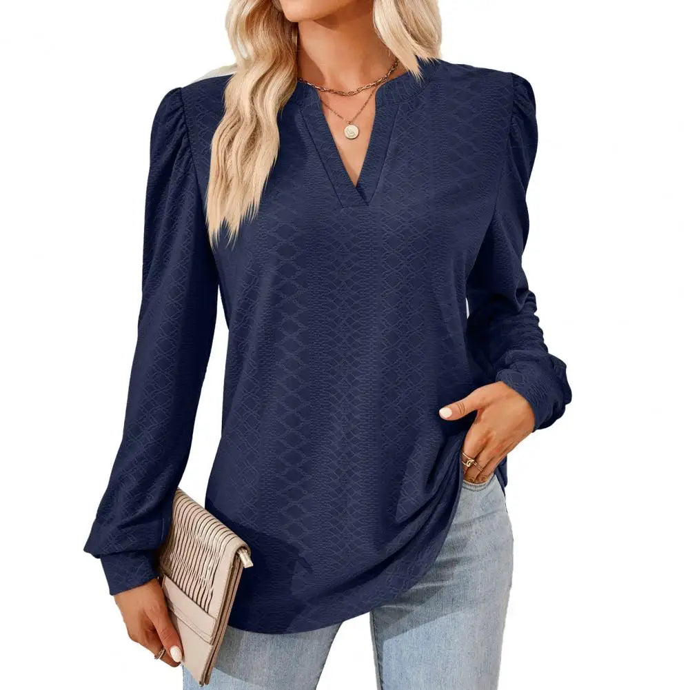 Women Top V Neck Sleeve Loose Applique Pullover Soft Casual Blouse