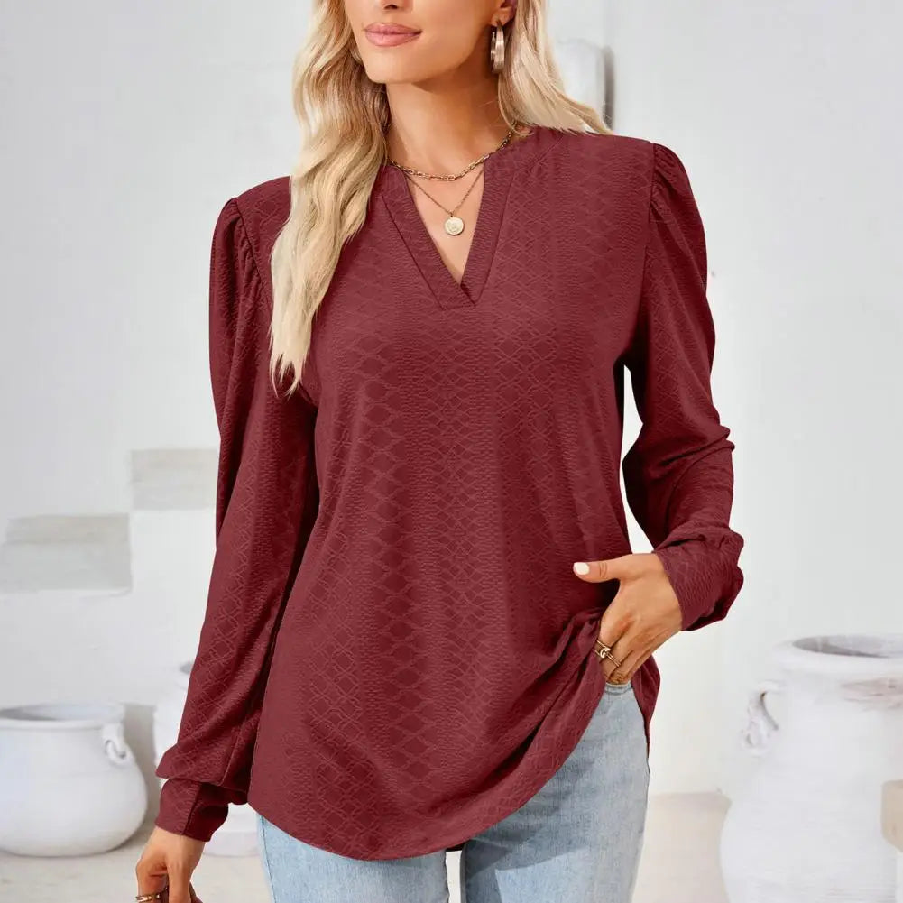 Women Top V Neck Sleeve Loose Applique Pullover Soft Casual Blouse