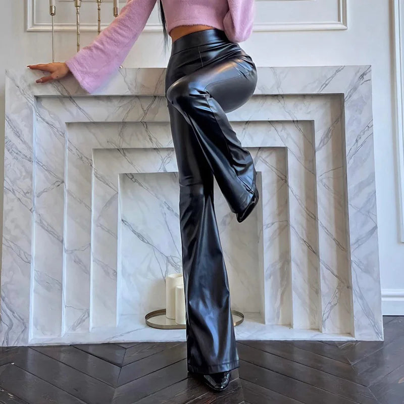 Women Winter High-waist Sensual Pu Leather Shiny Bell Bottoms Street Style Pants