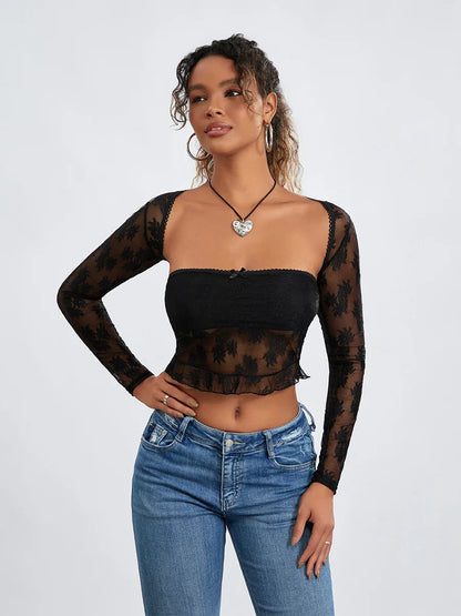 See Through Long Sleeve Shrug Tube Streetwear Crop Lace Top