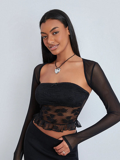 See Through Long Sleeve Shrug Tube Streetwear Crop Lace Top