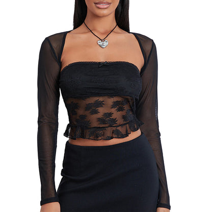 See Through Long Sleeve Shrug Tube Streetwear Crop Lace Top