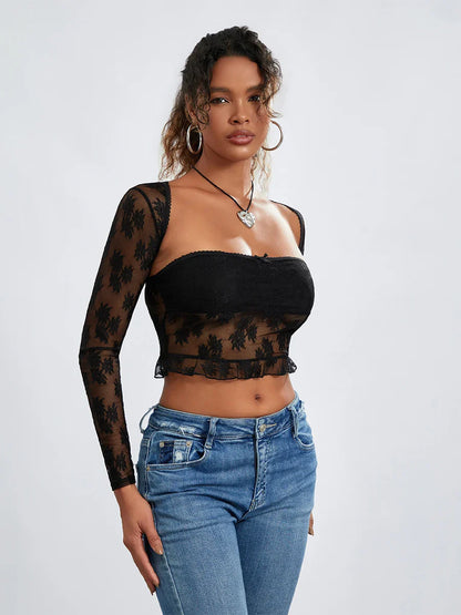 See Through Long Sleeve Shrug Tube Streetwear Crop Lace Top