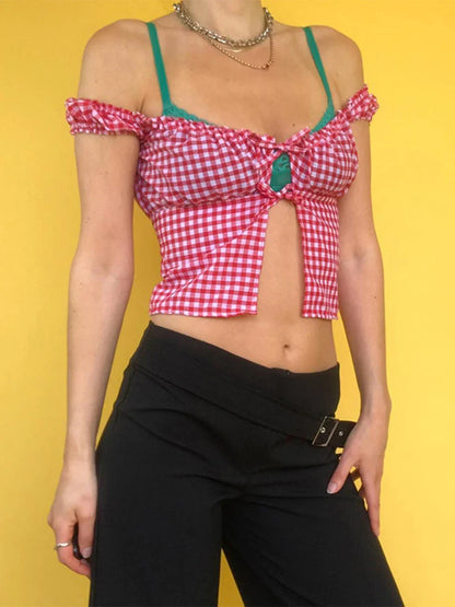 Spaghetti Strap Tie Up Square Neck Low Cut Summer Streetwear Crop Plaid Top