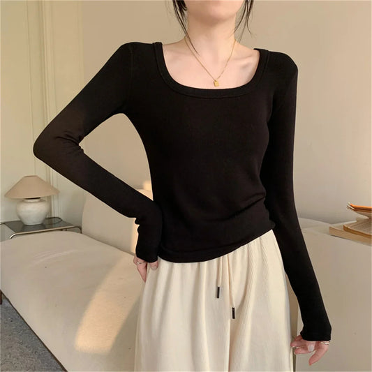 Square Long Sexy Slim Ribbed Crop Fall Basic Y2K T-shirt