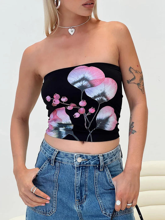 Floral Tube Top Strapless Backless Sexy Aesthetic Crop Y2K Top
