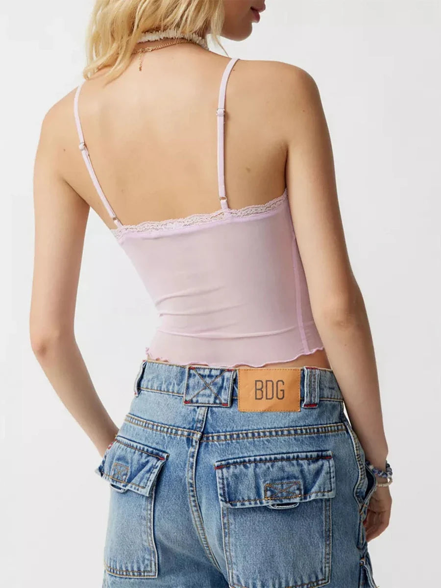 See Through Sleeveless Backless Bustier Going Out Tank Crop Lace Top