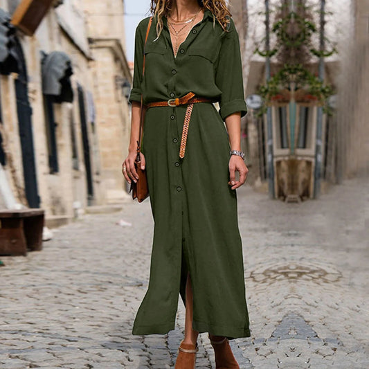 Solid Button Lapel Casual Long Belt Girl Female Midi Casual Dress
