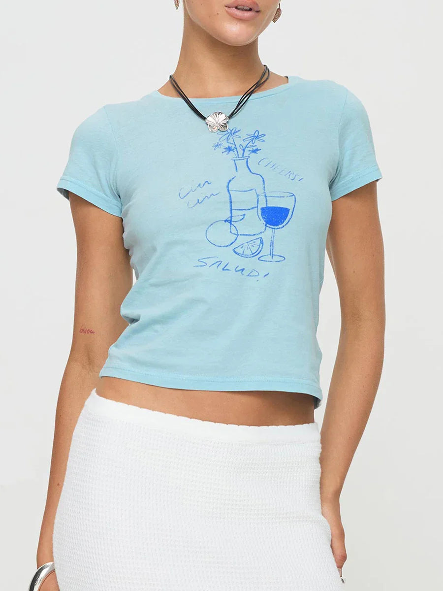 T-Shirt Casual Round Neck Short Sleeve Graphic Summer Crop Crop Top