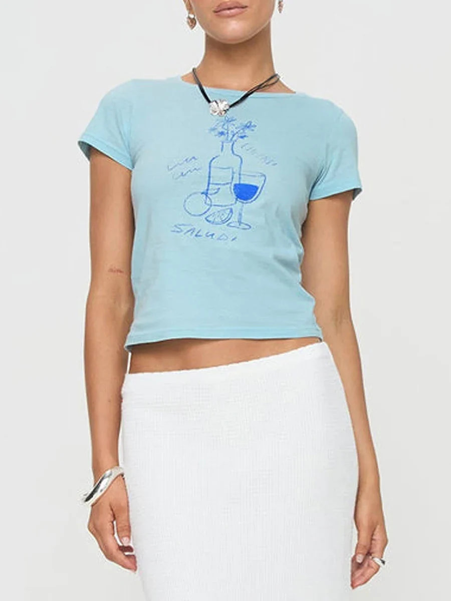 T-Shirt Casual Round Neck Short Sleeve Graphic Summer Crop Crop Top