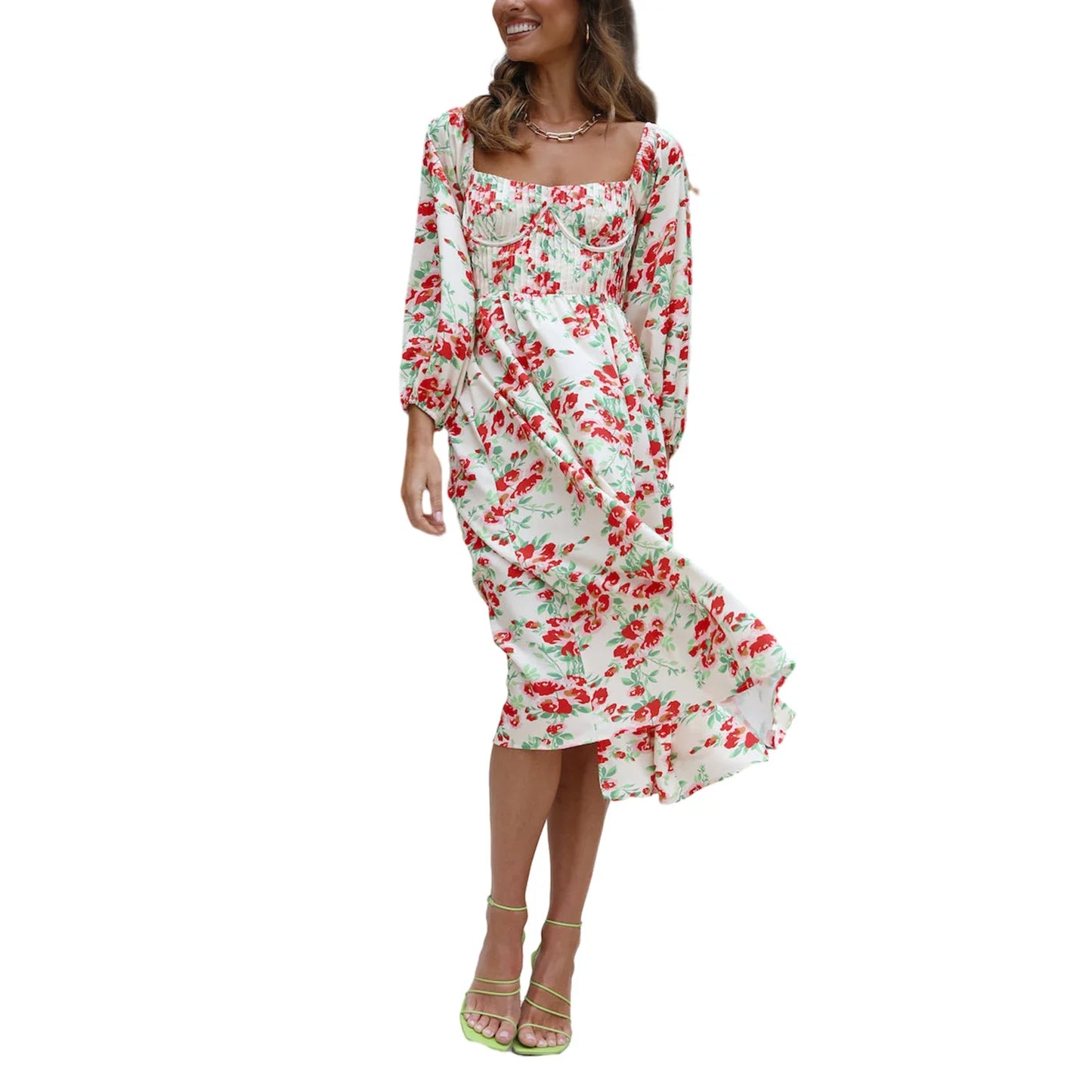 Midi A-Line Long Sleeve Square Neck Off Shoulder Split Flowy Spring Summer Vacation Maxi Elegant Dress