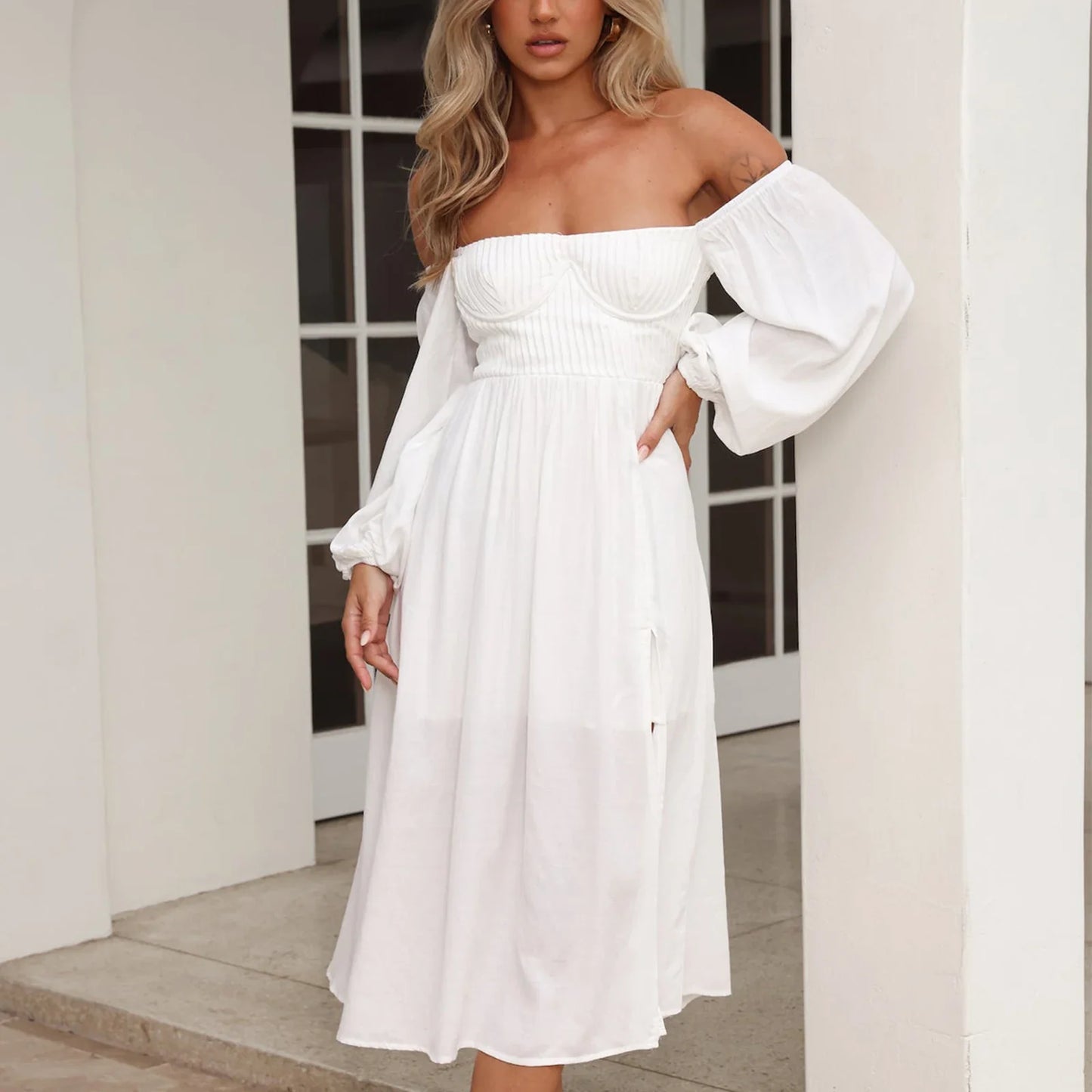 Midi A-Line Long Sleeve Square Neck Off Shoulder Split Flowy Spring Summer Vacation Maxi Elegant Dress