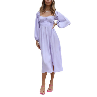 Midi A-Line Long Sleeve Square Neck Off Shoulder Split Flowy Spring Summer Vacation Maxi Elegant Dress