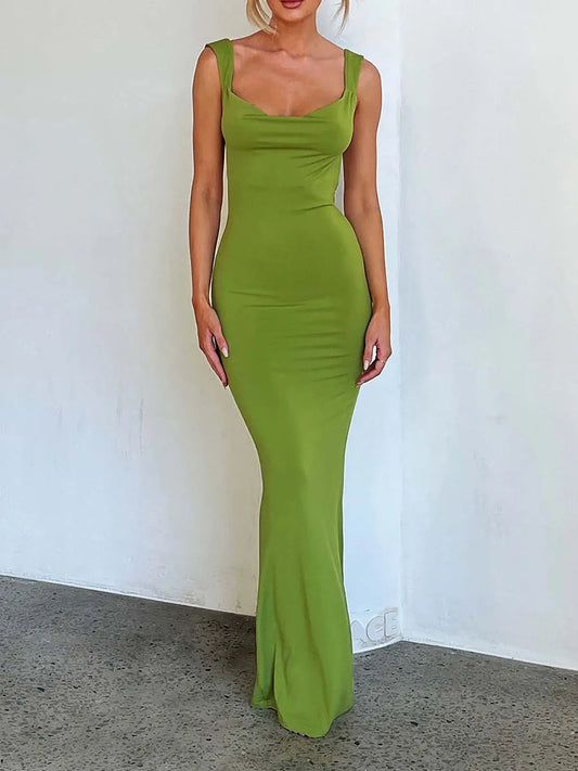 Long Bodycon Solid Color Cowl Neck Sleeveless Sling Backless Cocktail Summer Party Club Maxi Elegant Dress