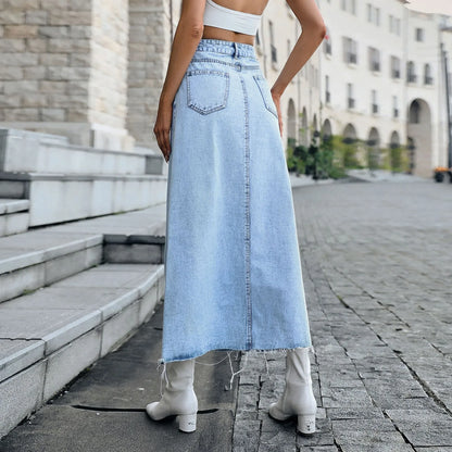 European And American Light Blue Trendy Thin Aline Ankle-length Women's Skirt