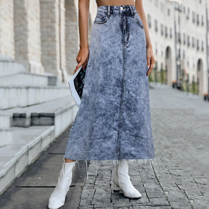 European And American Light Blue Trendy Thin Aline Ankle-length Women's Skirt