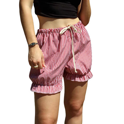 Bloomers Plaid Ruffles Drawstring Elastic Waist Summer Casual Fashion Short