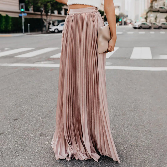 Fashion High Waist Big Swing Vintage Bohemian Solid Color Pleated Female Holiday Beach Women's Skirt