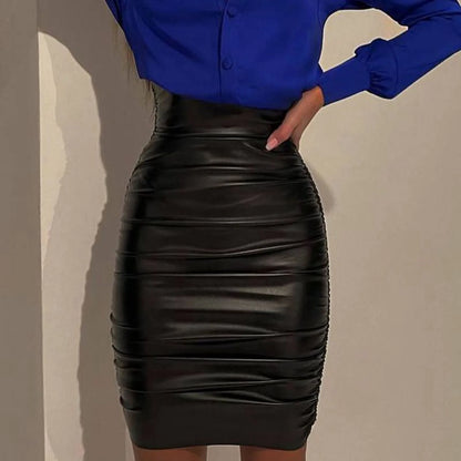 High Waist Black PU Leather Midi Skirt Sexy Front Pleated Office Work Wear Pencil Fashion Skirt