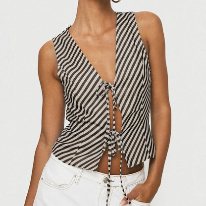 Fashion Striped Print Tank Tops V Neck Tie-up Front Camis Tank Women's Top