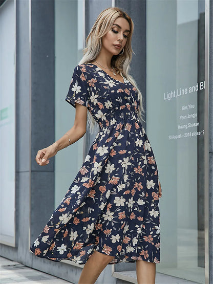 Floral Chic Summer Short Sleeve Women's Fashionable Midi Dress