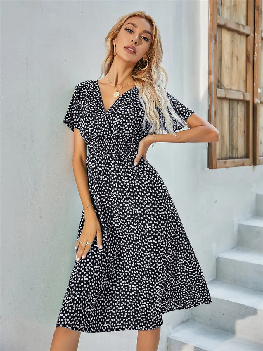 Floral Chic Summer Short Sleeve Women's Fashionable Midi Dress