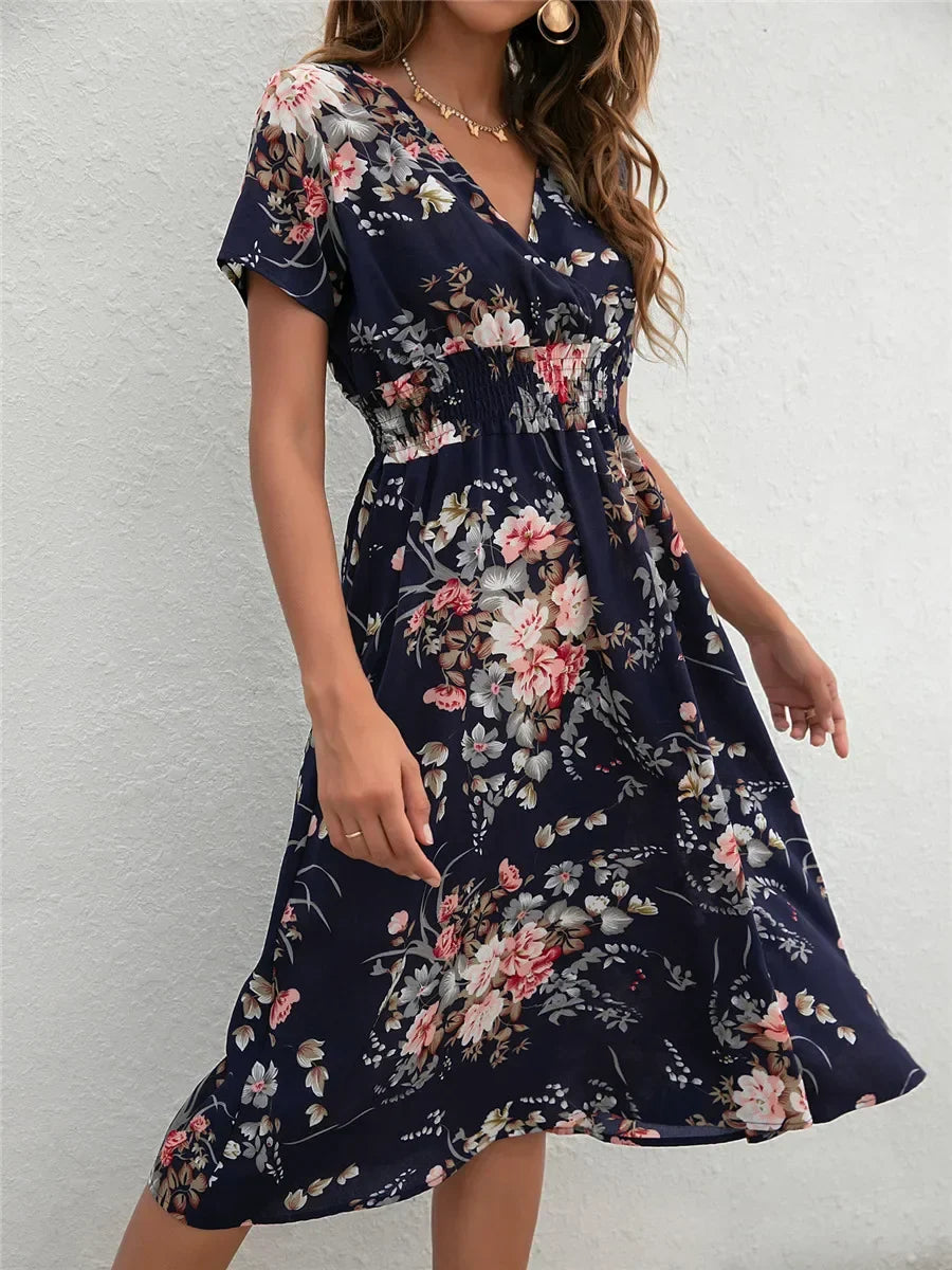 Floral Chic Summer Short Sleeve Women's Fashionable Midi Dress