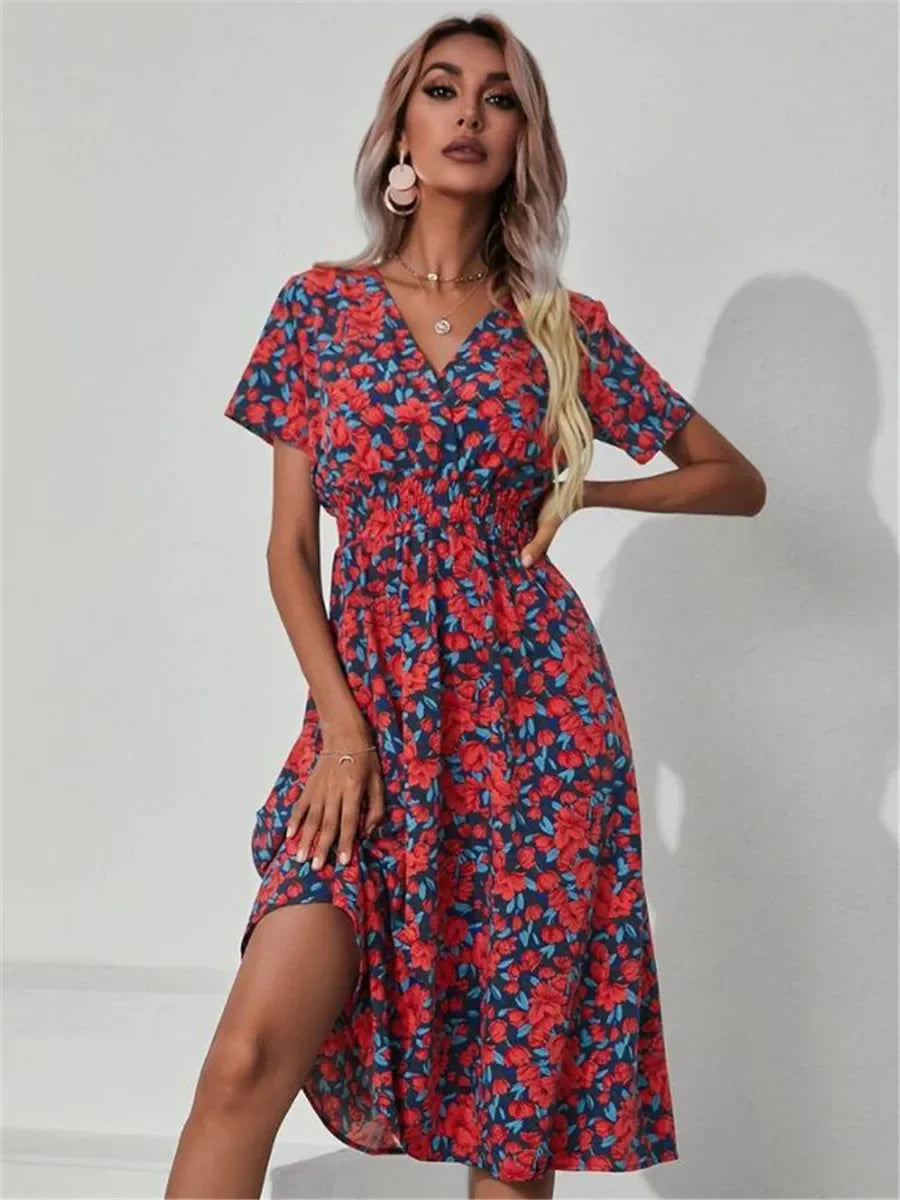 Floral Chic Summer Short Sleeve Women's Fashionable Midi Dress