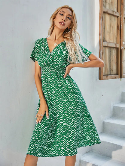 Floral Chic Summer Short Sleeve Women's Fashionable Midi Dress