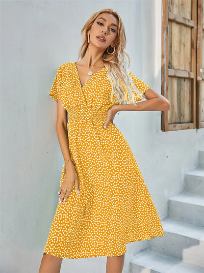 Floral Chic Summer Short Sleeve Women's Fashionable Midi Dress