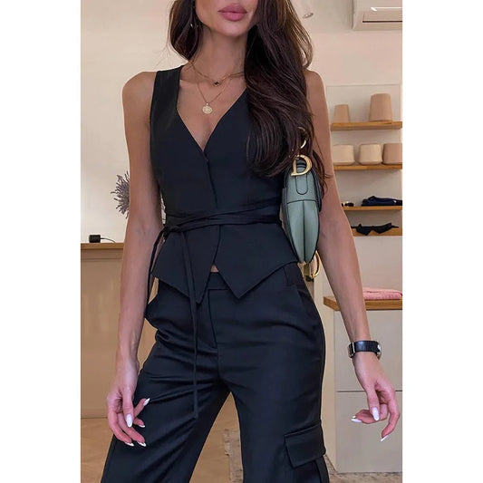 Solid Color Sleeveless V-Neck Tie-Up Vest Slim Fit Button Tank Office Lady Crop Fashion Top