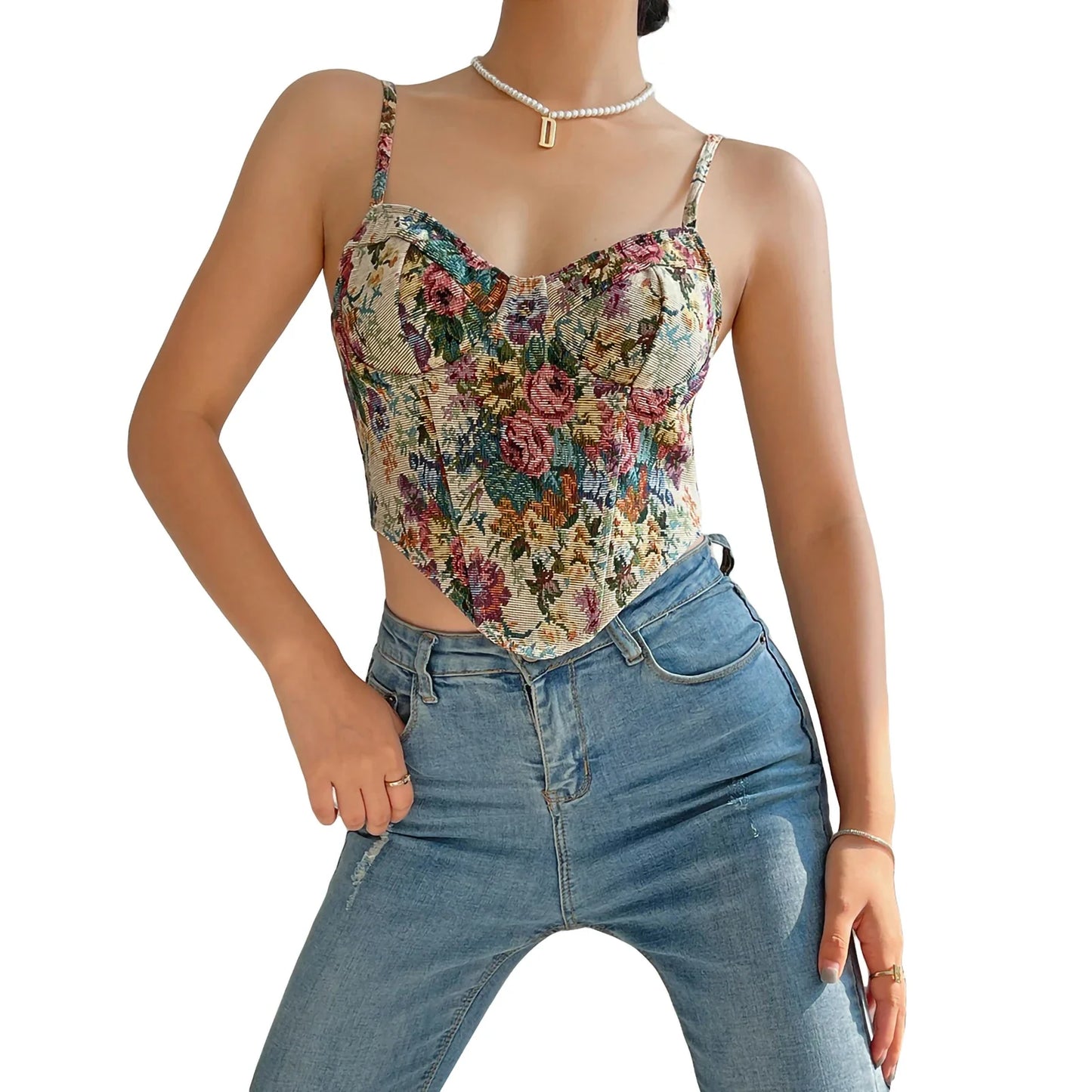 Print Asymmetrical Hem Sleeveless V Neck Bustier Clubwear Crop Floral Top