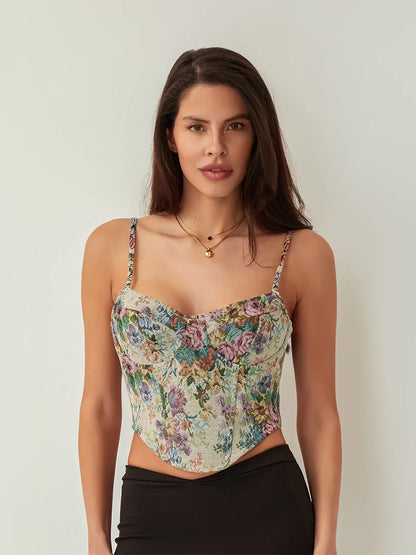 Print Asymmetrical Hem Sleeveless V Neck Bustier Clubwear Crop Floral Top