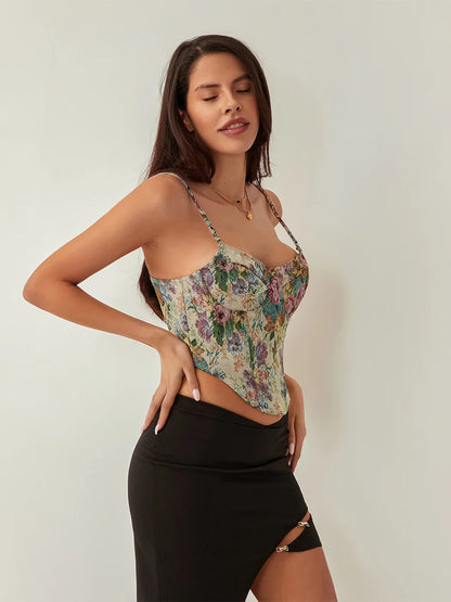 Print Asymmetrical Hem Sleeveless V Neck Bustier Clubwear Crop Floral Top