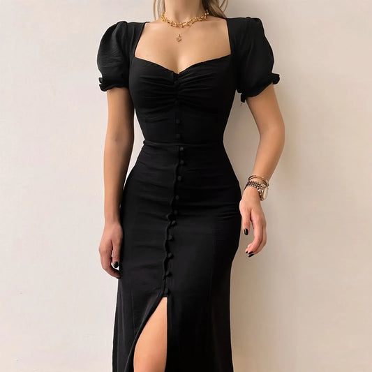 Style Skinny Puff Sleeve A-line Spring Black Slits Party Long Midi French Dress