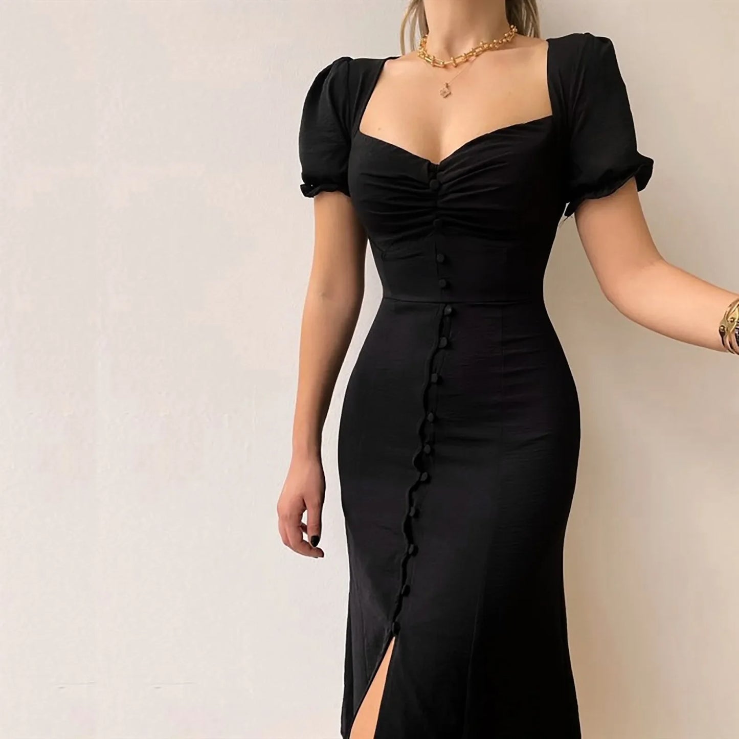 Style Skinny Puff Sleeve A-line Spring Black Slits Party Long Midi French Dress