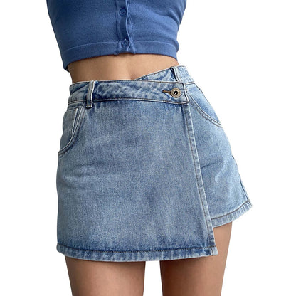 High Waist A Line Denim Two Piece Design Slimming Short with Light Wash