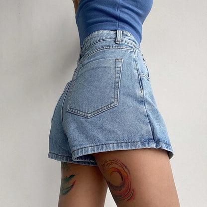 High Waist A Line Denim Two Piece Design Slimming Short with Light Wash