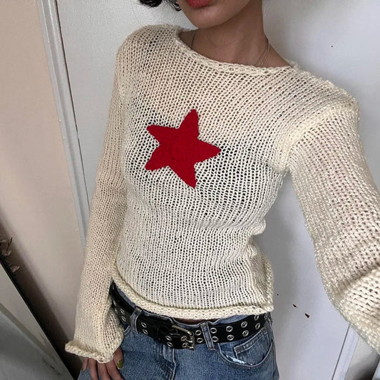 Hollow Out Crochet Vintage Star Pattern Long Sleeve Smock Pullovers Fishnet Coverup Fairycore Grunge Clothes Women's T-shirt