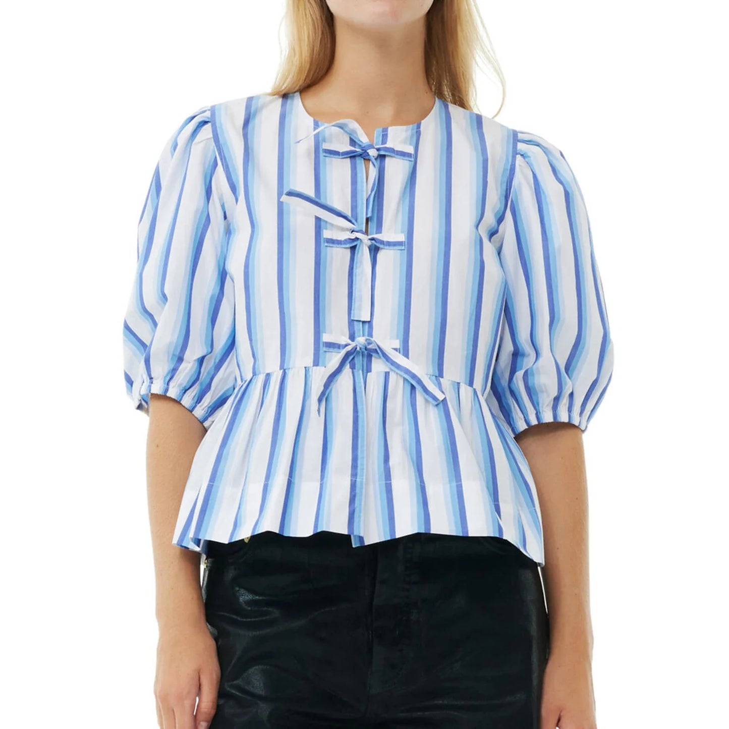 Elegant Summer Peplum Stripe Print Short Puff Sleeve Tie Front Loose Streetwear Kawaii Blouse